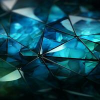 Triangles interplay, blending deep blue, green, white, and dynamic cyan, captivating panorama For Social Media Post Size AI Generated photo