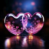 Two neon hearts pulsate with vibrant light, symbolizing an electric bond For Social Media Post Size AI Generated photo