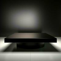 Vacant obsidian table, alone on bright white canvas, minimalist isolation For Social Media Post Size AI Generated photo