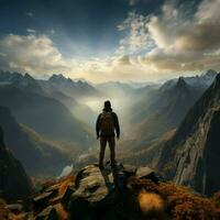 Back view, backpacker on rocky peak, arms raised, captivated by misty mountain scenery For Social Media Post Size AI Generated photo