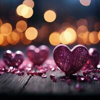 Valentines ambiance panoramic glittering bokeh with trendy magenta shades and heart motifs For Social Media Post Size AI Generated photo