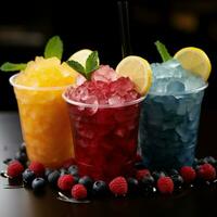 Vibrant icy fruit slush, chilled in cups Colorful refreshment, frozen delight For Social Media Post Size AI Generated photo