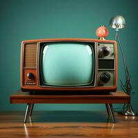 vibrante contraste, retro naranja televisión en madera mesa en contra menta azul antecedentes para social medios de comunicación enviar Talla ai generado foto