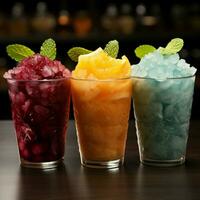 Vibrant icy fruit slush, chilled in cups Colorful refreshment, frozen delight For Social Media Post Size AI Generated photo