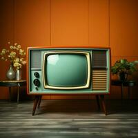 Vintage vibes, yellow orange TV graces wood table against soothing mint blue backdrop For Social Media Post Size AI Generated photo