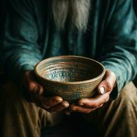 Weathered hands, empty bowl on wood backdrop, evoke the harshness of hunger For Social Media Post Size AI Generated photo