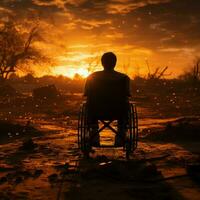 silla de ruedas ligado silueta, simbolizando empoderamiento en medio de un puestas de sol dorado matices para social medios de comunicación enviar Talla ai generado foto