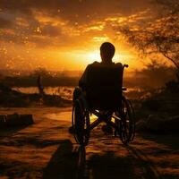 Wheelchair bound silhouette, symbolizing empowerment amid a sunsets golden hues For Social Media Post Size AI Generated photo