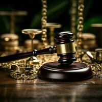 Wooden background gavel and handcuffs illustrate law enforcement and legal procedure For Social Media Post Size AI Generated photo