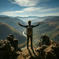 Back view of young slim backpacker tourist man with raised arms standing on rocky traveling and climbing concept For Social Media Post Size AI Generated photo