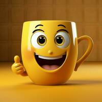 Yellow background hosts adorable coffee cup character, smiling Room for customization For Social Media Post Size AI Generated photo