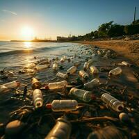 playa contaminación representado con el plastico botellas y basura tirar basura el orilla para social medios de comunicación enviar Talla ai generado foto