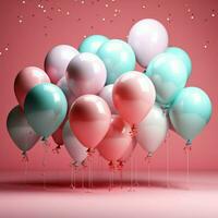 Balloon extravaganza, 3D rendered pastel balloons on pink background, ready for birthdays For Social Media Post Size AI Generated photo