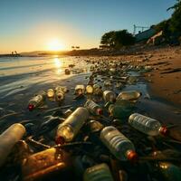 Beach pollution depicted with plastic bottles and trash littering the shoreline For Social Media Post Size AI Generated photo