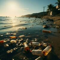 Beach pollution depicted with plastic bottles and trash littering the shoreline For Social Media Post Size AI Generated photo