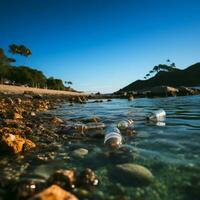 Beach pollution depicted with plastic bottles and trash littering the shoreline For Social Media Post Size AI Generated photo