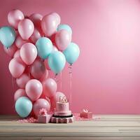 cumpleaños dicha, rosado fondo adornado con 3d pastel globos, ofrecimiento Copiar espacio para social medios de comunicación enviar Talla ai generado foto