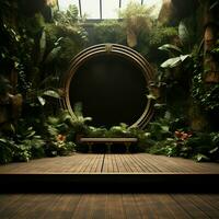 Botanical backdrop with wooden stage, natures theater in serene harmony For Social Media Post Size AI Generated photo
