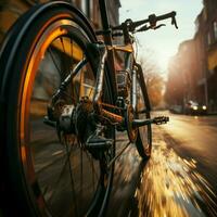 Brake engagement, focused closeup highlights cyclists hand on braking lever For Social Media Post Size AI Generated photo