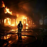 valiente bombero mangueras abajo chamuscado vivienda, agua sometiendo el latente secuelas para social medios de comunicación enviar Talla ai generado foto