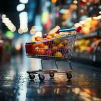 bullicioso mercado compras carro en supermercado, conjunto en contra vibrante borroso Tienda bokeh para social medios de comunicación enviar Talla ai generado foto