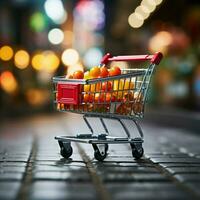 Cart in context Supermarket shopping cart amidst blurred store bokeh atmosphere For Social Media Post Size AI Generated photo