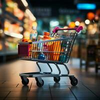 carro en contexto supermercado compras carro en medio de borroso Tienda bokeh atmósfera para social medios de comunicación enviar Talla ai generado foto