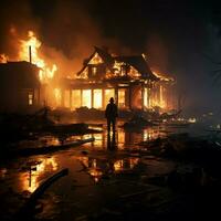 Charred house, firefighter wields water, extinguishing smoldering remnants of the blaze For Social Media Post Size AI Generated photo