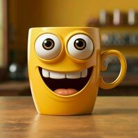 alegre café taza personaje sonriendo, conjunto en amarillo fondo amplio Copiar zona para social medios de comunicación enviar Talla ai generado foto