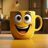 alegre café taza personaje sonriendo, conjunto en amarillo fondo amplio Copiar zona para social medios de comunicación enviar Talla ai generado foto