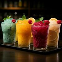 Chilled delight, row of icy fruit slushies, each in a plastic cup For Social Media Post Size AI Generated photo