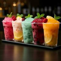 Chilled delight, row of icy fruit slushies, each in a plastic cup For Social Media Post Size AI Generated photo