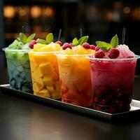 Chilled delight, row of icy fruit slushies, each in a plastic cup For Social Media Post Size AI Generated photo