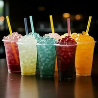 Chilled delight, row of icy fruit slushies, each in a plastic cup For Social Media Post Size AI Generated photo