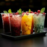 Chilled delight, row of icy fruit slushies, each in a plastic cup For Social Media Post Size AI Generated photo