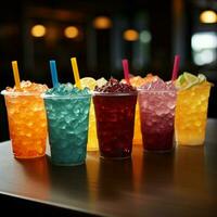 Chilled delight, row of icy fruit slushies, each in a plastic cup For Social Media Post Size AI Generated photo