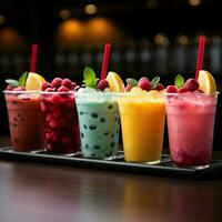 Chilled delight, row of icy fruit slushies, each in a plastic cup For Social Media Post Size AI Generated photo