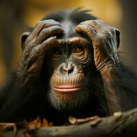 Chimpanzees sorrowful countenance hints at its underlying feelings of sadness and dejection For Social Media Post Size AI Generated photo