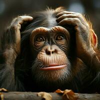 Chimpanzees sorrowful countenance hints at its underlying feelings of sadness and dejection For Social Media Post Size AI Generated photo