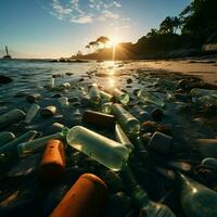costero zona esparcido con el plastico botellas y desperdiciar, retratar Consecuencias de playa contaminación para social medios de comunicación enviar Talla ai generado foto