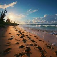 Coastal paths, footprints pattern sandy beach, witnesses to oceanside journeys taken For Social Media Post Size AI Generated photo