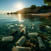 costero zona esparcido con el plastico botellas y desperdiciar, retratar Consecuencias de playa contaminación para social medios de comunicación enviar Talla ai generado foto