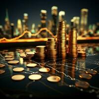 Coins merge with graph chart on cityscape, symbolizing growth synergy For Social Media Post Size AI Generated photo