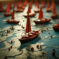 colectivo viaje rojo líder barco guías papel barcos en mapa, ilustrando trabajos en equipo éxito para social medios de comunicación enviar Talla ai generado foto