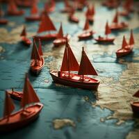 colectivo viaje rojo líder barco guías papel barcos en mapa, ilustrando trabajos en equipo éxito para social medios de comunicación enviar Talla ai generado foto