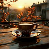 Cup holds dawn's aroma, window backdrop, table shadow stretches Coffee's awakening For Social Media Post Size AI Generated photo