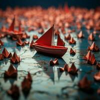 Course for victory Red boat guides paper boats on world map, embodying collaborative leadership For Social Media Post Size AI Generated photo