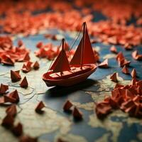 Course for victory Red boat guides paper boats on world map, embodying collaborative leadership For Social Media Post Size AI Generated photo