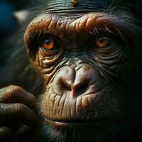 Deprimido chimpancés ojos revelar sus emocional dolor y interior sentido de soledad para social medios de comunicación enviar Talla ai generado foto