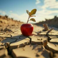 Desierto escena manzana en agrietado tierra significa comida inseguridad, agua escasez, agrícola crisis para social medios de comunicación enviar Talla ai generado foto